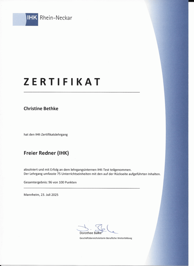 Christine Bethke Trauerrednerin für persönliche Trauerfeier München und Umland Deutsch Französisch Spanisch Mehrsprachig Spanisch Französisch Freie Redner Zertifikat ausgestellt durch die IHK Mannheim Juli 2025